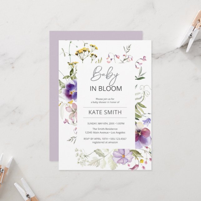 Invitación Bebé en una ducha de flores silvestres violeta en  (Anverso/Reverso In Situ)