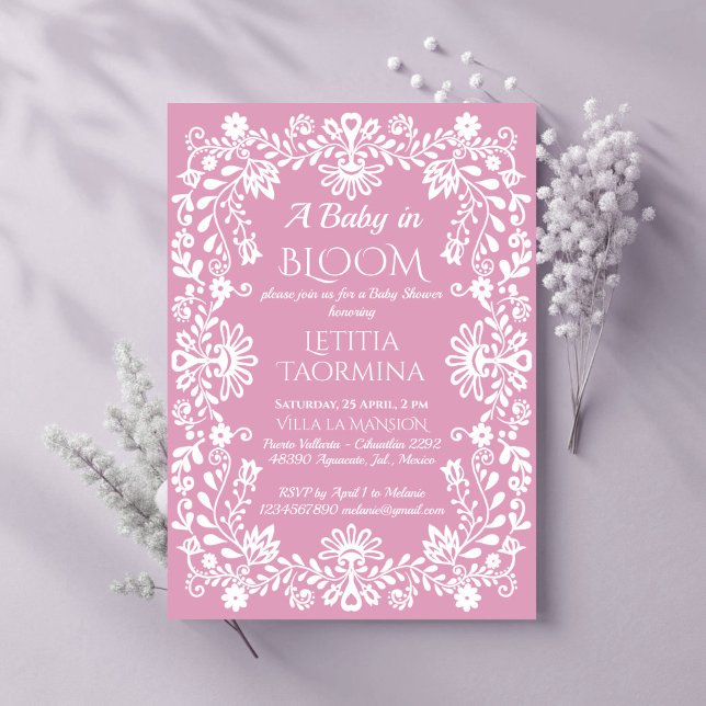 Invitación Bebé en una polvorienta ducha de bebé mexicana ros (Baby in bloom dusty pink Mexican baby shower Invitation cards template pink baby girl invites)