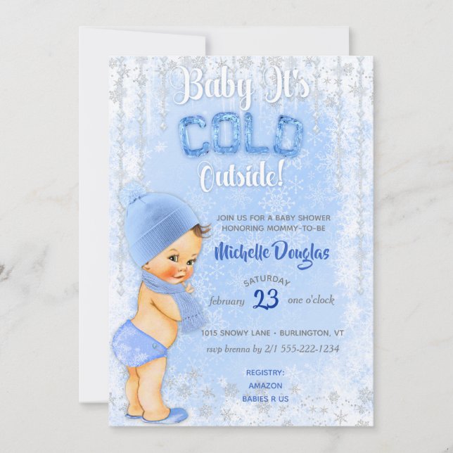 Invitación Bebé Es Copo de Nieve Frío Azul Niño Ducha (Anverso)