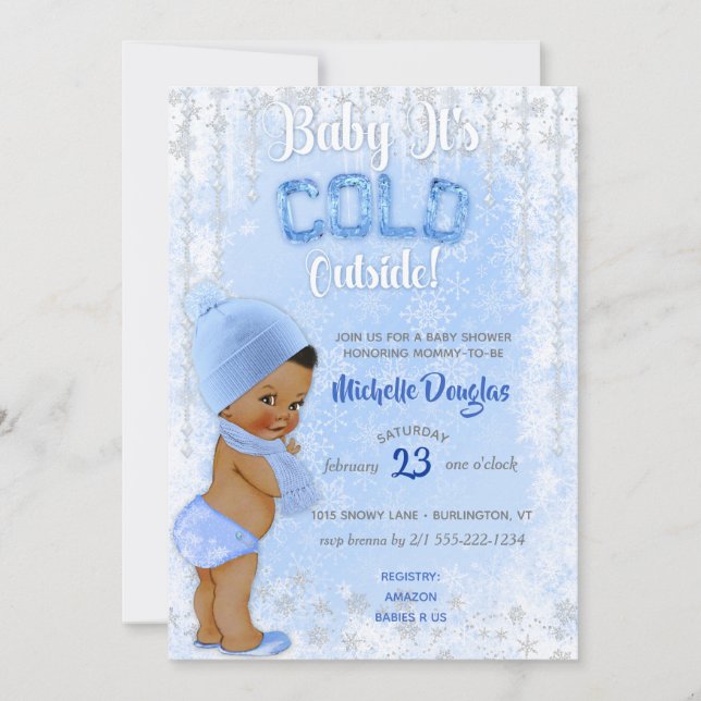 Invitación Bebé es ducha de niño de etnia azul con copo de ni (Anverso)