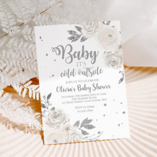 Invitación Bebé, es frío fuera de la plata Baby Shower floral