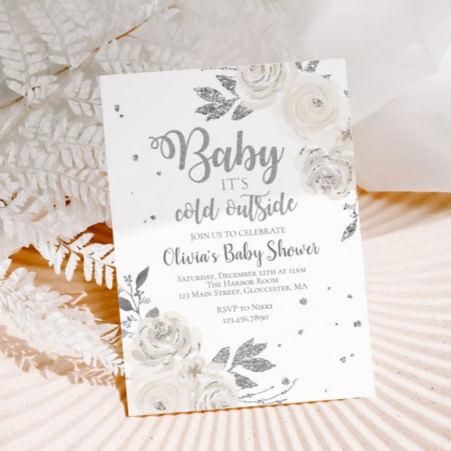 Invitación Bebé, es frío fuera de la plata Baby Shower floral (Subido por el creador)