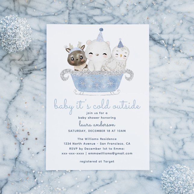 Invitación Bebé, está frío fuera de Baby Shower (Winter Wonderland Baby It's cold Outside Card with blue watercolor animals. Image from freepik)