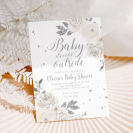 Invitación Bebé, está frío fuera de la floral plateada Baby S