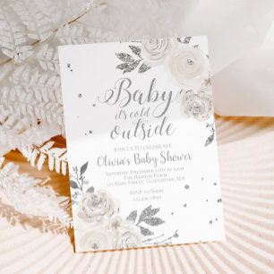 Invitación Bebé, está frío fuera de la floral plateada Baby S