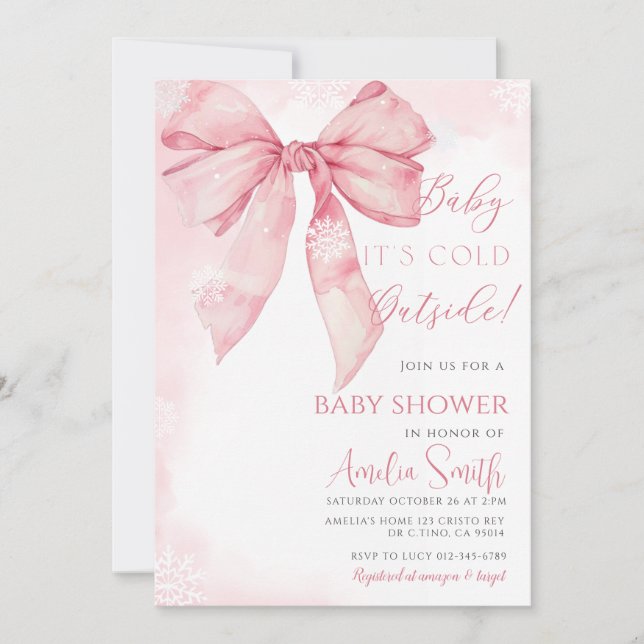 Invitación Bebé, está frío fuera del Baby Shower Chica de Bow (Anverso)