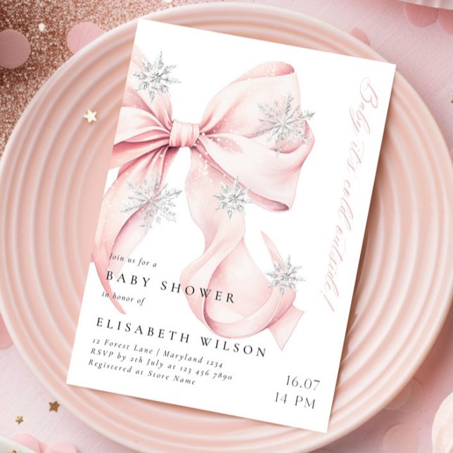Invitación Bebé, está frío fuera del Baby Shower de Bow Rosad (Subido por el creador)