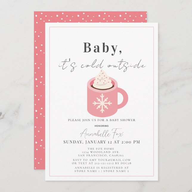 Invitación Bebé está frío fuera del Baby Shower de cacao rosa (Anverso / Reverso)