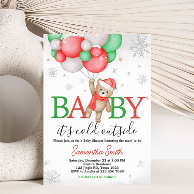 Invitación Bebé, está frío fuera del globo de oso Baby Shower (Christmas Santa Bear Baby Shower Invitation)