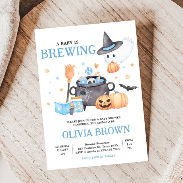 Invitación Bebé está preparando Baby Shower de Halloween azul (Baby is Brewing Baby Shower Invitation)