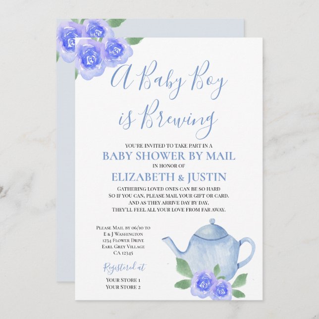 Invitación Bebé está preparando Baby Shower de tetera azul po (Anverso / Reverso)
