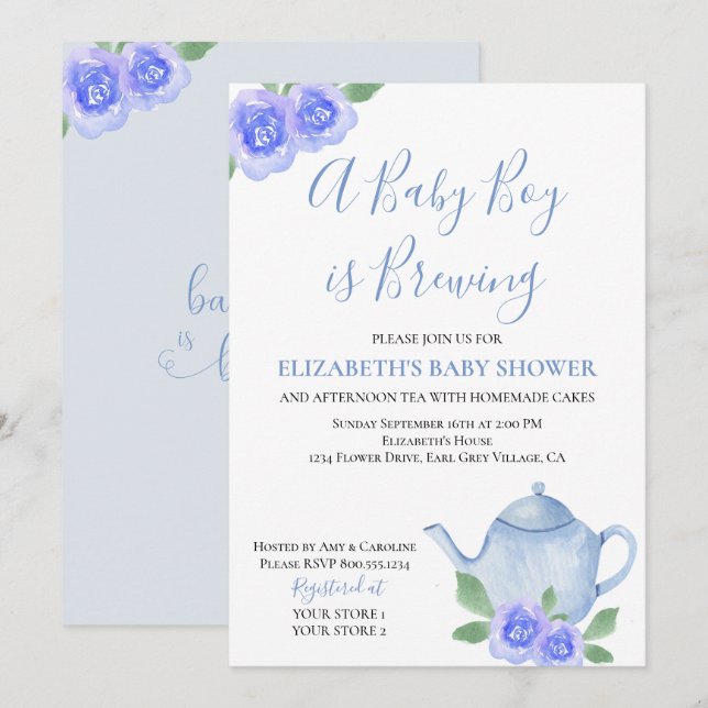 Invitación Bebé está preparando Blue Teapot Boy Baby Shower (Anverso / Reverso)