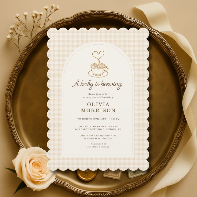 Invitación Bebé está preparando café Baby Shower Gingham (Subido por el creador)