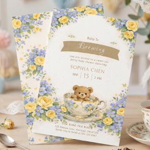 Invitación Bebé está preparando Oso Floral Azul Amarillo Capr