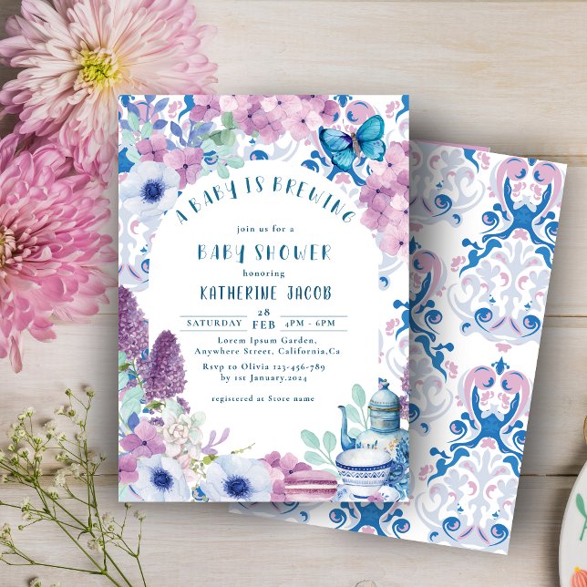 Invitación Bebé está preparando té con flores fiesta de bebé (Subido por el creador)