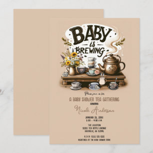 Invitación Bebé está preparando tetera de té rústica de duraz