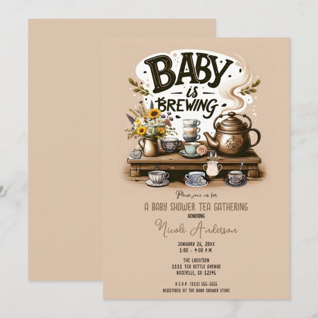 Invitación Bebé está preparando tetera rústica de té melocotó (Anverso / Reverso)