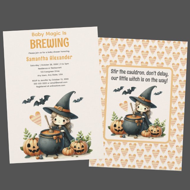 Invitación Bebé está preparando una ducha de bebé de Hallowee (Baby Magic is Brewing Halloween baby shower invitation. Cute witch stirring cauldron. Halloween poem)