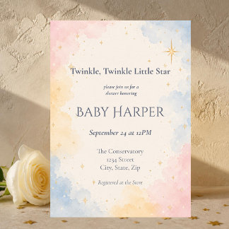 Invitación Bebé Estrella Brillante Acuarela Celestial Pastel