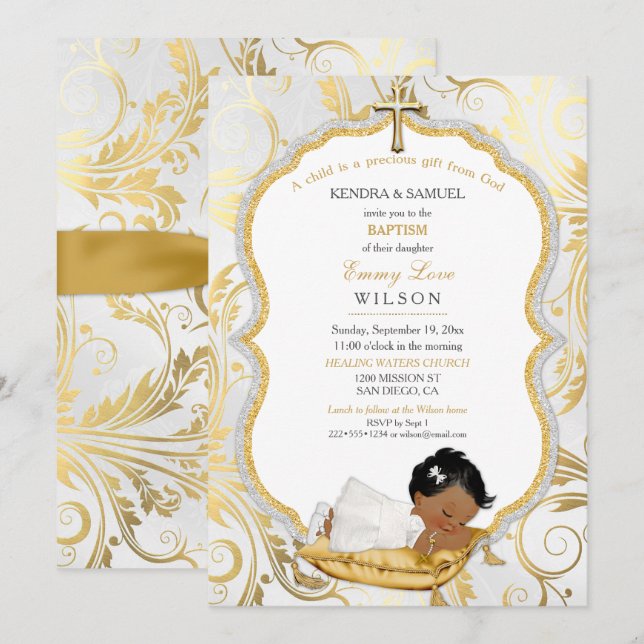 Invitación Bebé étnico Baptismo Christening Gold Cross (Anverso / Reverso)