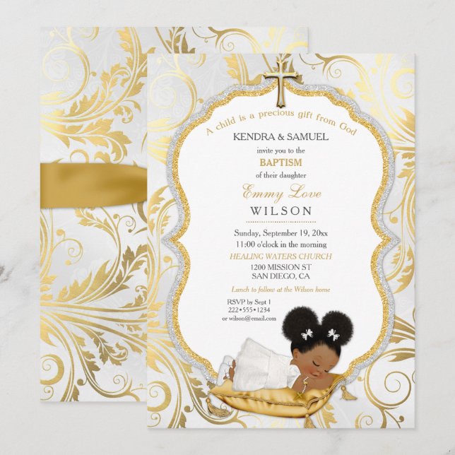 Invitación Bebé étnico Baptismo Christening Gold Cross (Anverso / Reverso)