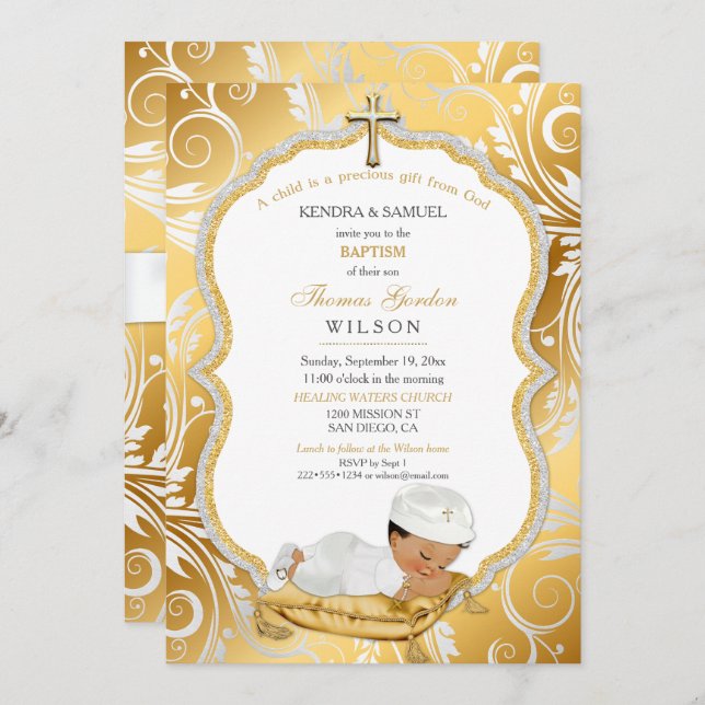 Invitación Bebé étnico Bautismo Christening Gold Cross (Anverso / Reverso)