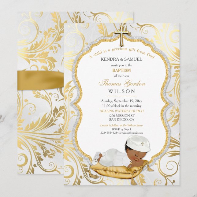 Invitación Bebé étnico Bautismo Christening Gold Cross (Anverso / Reverso)
