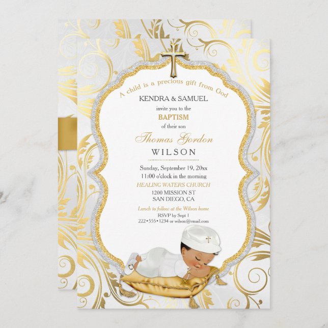 Invitación Bebé étnico Bautismo Christening Gold Cross (Anverso / Reverso)
