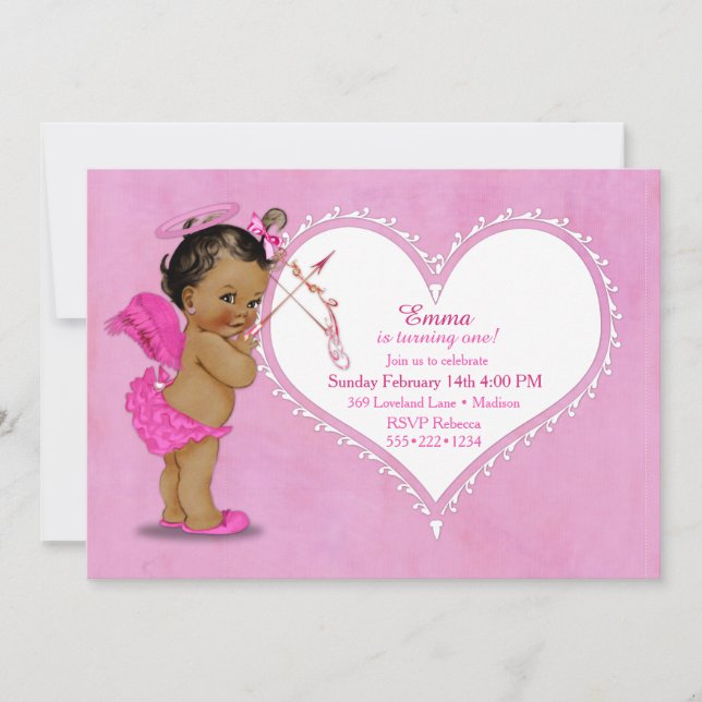 Invitación Bebé étnico Niña Cupido Ángel Wings Halo Rosa Cali (Anverso)