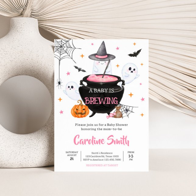 Invitación Bebé fantasma rosa en Halloween está preparando Ba (Baby is Brewing Baby Shower Invitation
)
