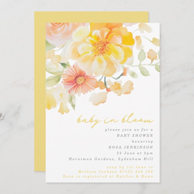 Invitación Bebé floral amarillo en floración, baby shower de  (Anverso / Reverso)