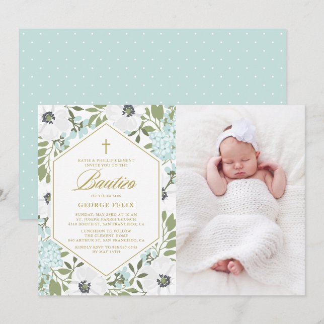 Invitación Bebé Floral Azul Anemones Blancos Bautizo (Anverso / Reverso)
