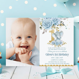 Invitación Bebé Floral Azul Cute Elefante Primer cumpleaños F
