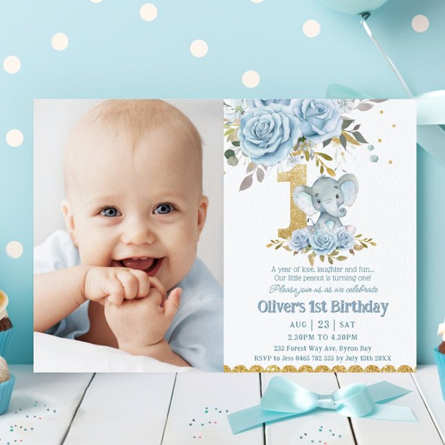 Invitación Bebé Floral Azul Cute Elefante Primer cumpleaños F (Subido por el creador)