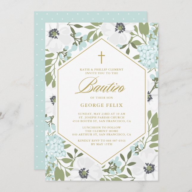Invitación Bebé Floral Azul de Anemones Blancos Bautizo (Anverso / Reverso)