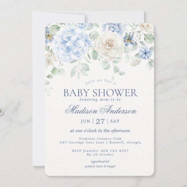 Invitación Bebé floral azul en Bloom Hydrangea Baby Shower (Anverso)