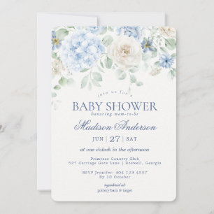 Invitación Bebé floral azul en Bloom Hydrangea Baby Shower