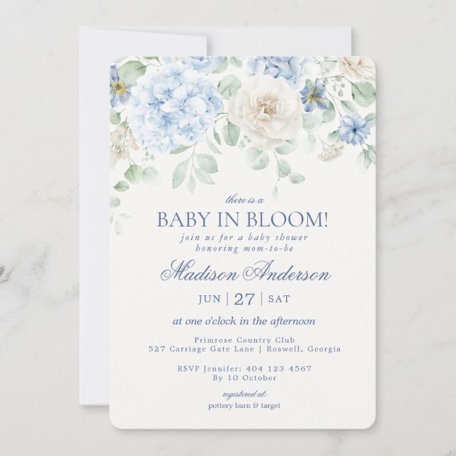 Invitación Bebé floral azul en Bloom Hydrangea Baby Shower (Anverso)