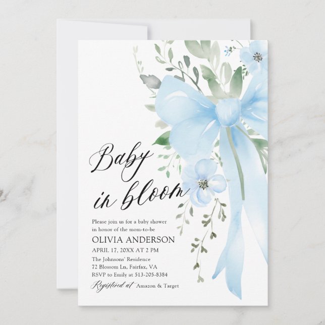 Invitación Bebé floral azul en el Baby Shower de Bloom Boy (Anverso)