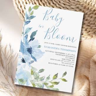 Invitación Bebé Floral Azul En La Ducha De Bloom