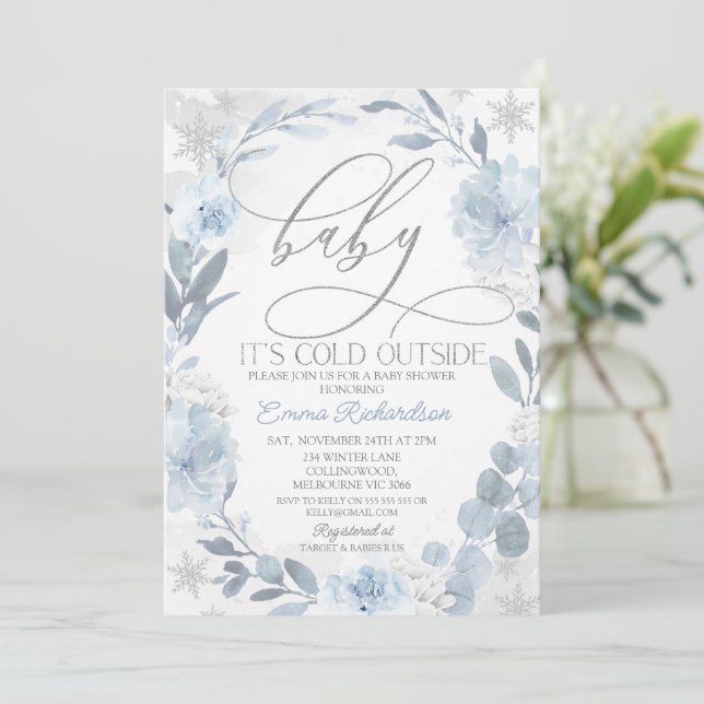 Invitación Bebé floral azul hace frío fuera de Baby Shower (Anverso de pie)