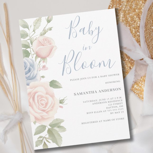 Invitación Bebé Floral Azul Rosa En Ducha De Bloom (Subido por el creador)