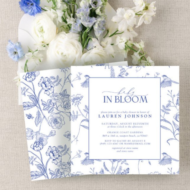 Invitación Bebé floral azul y blanco chino en flor (Subido por el creador)