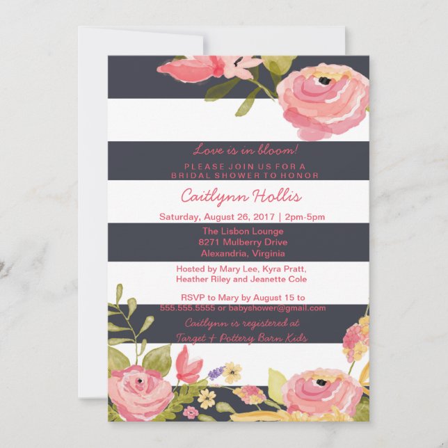 Invitación Bebé floral brillante del rosa y de la marina de (Anverso)