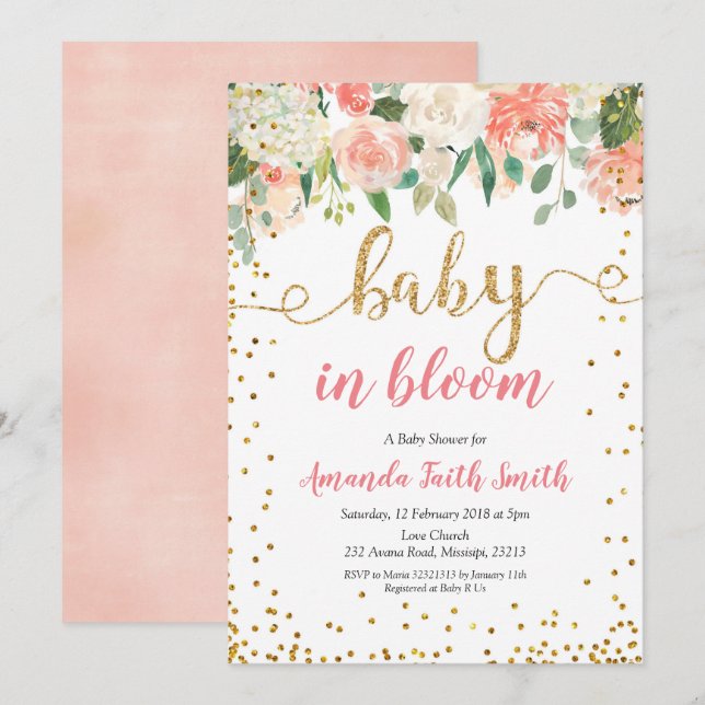 Invitación Bebé floral de cobertura en Baby Shower en sangre (Anverso / Reverso)