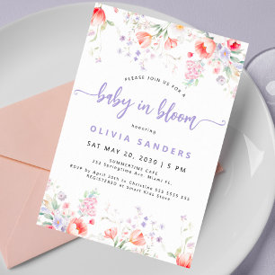 Invitación Bebé floral de flores silvestres moradas en flor e