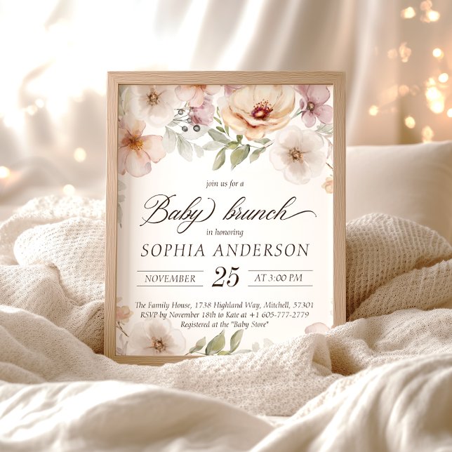 Invitación Bebé floral de moda en Brunch acuático de sangre (Chic Floral Baby in Bloom Watercolor Baby Brunch Invitation)