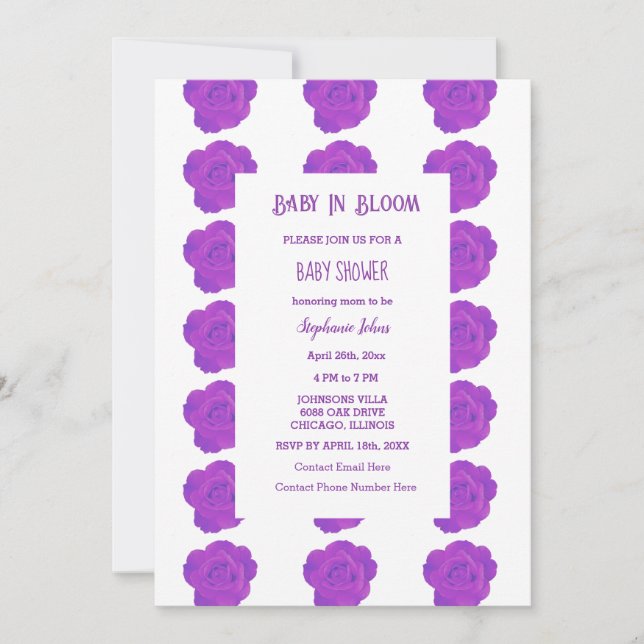 Invitación Bebé Floral En Bloom Rosa Púrpura Chica Baby Showe (Anverso)