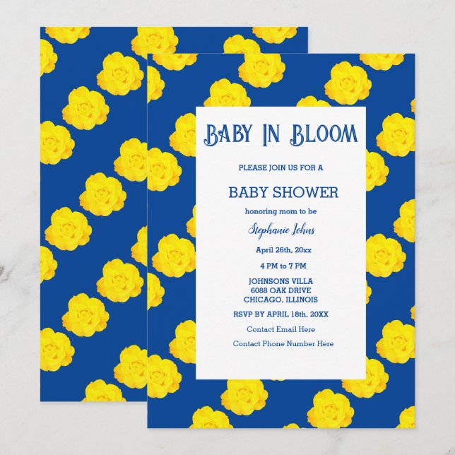 Invitación Bebé floral en flor azul de la marina Baby Shower  (Anverso / Reverso)