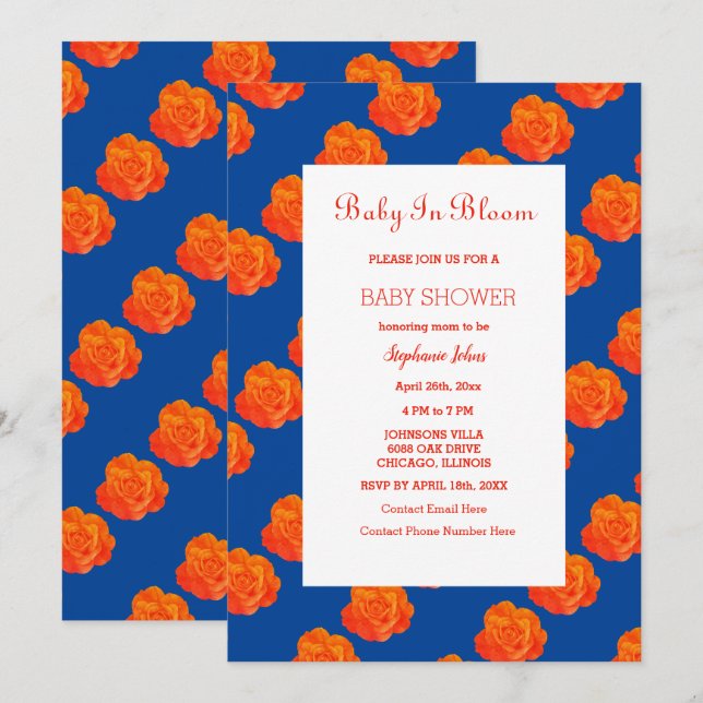 Invitación Bebé floral en la marina Naranja en flor Baby Show (Anverso / Reverso)
